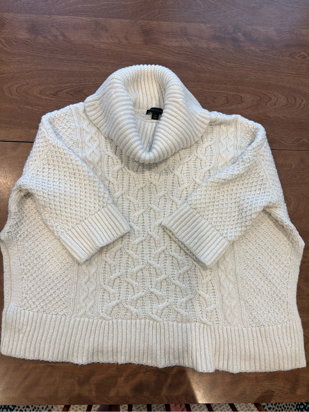Ann Taylor Cream Cable Knit Turtleneck Poncho Sweater